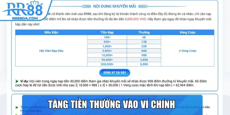 Tặng tiền thưởng vào ví chính